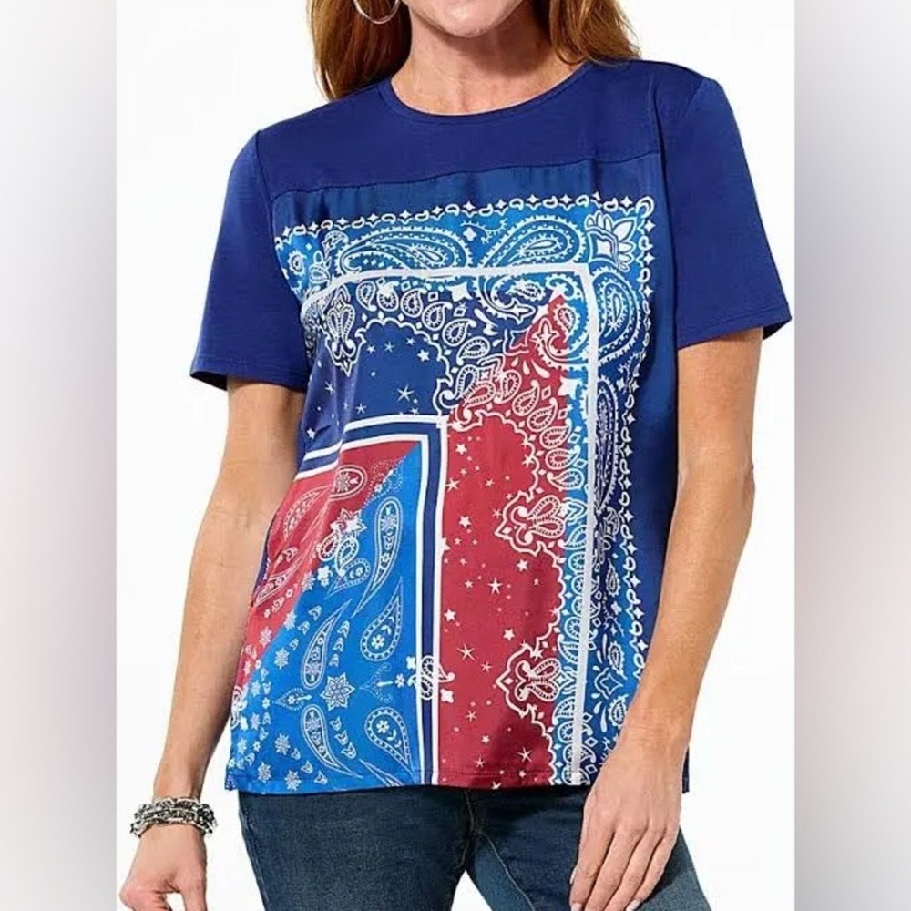 DG2 by Diane Gilman Paisley Print Navy Women Tee Shirt NWT Size M